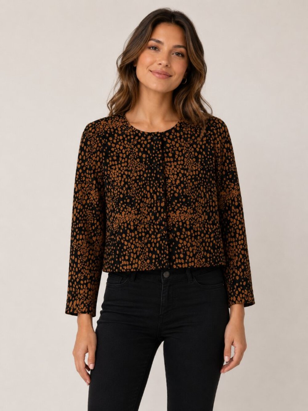 Vivienne Tam Womens Size 10 Black Brown Animal Print Cropped Jacket Blazer